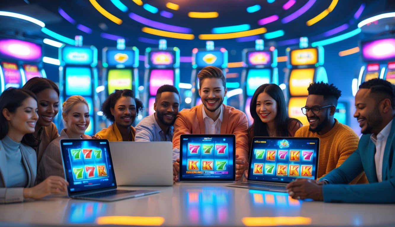 Beberapa orang dari berbagai usia dan latar belakang bermain mesin slot online menggunakan laptop, tablet, dan ponsel di ruangan yang cerah dan modern.