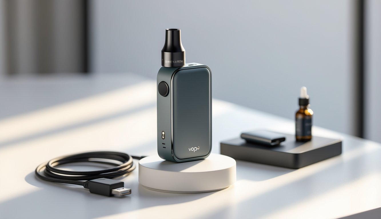 Sebuah perangkat vape pod modern dan sederhana diletakkan di atas permukaan putih dengan aksesori kecil di sekitarnya.