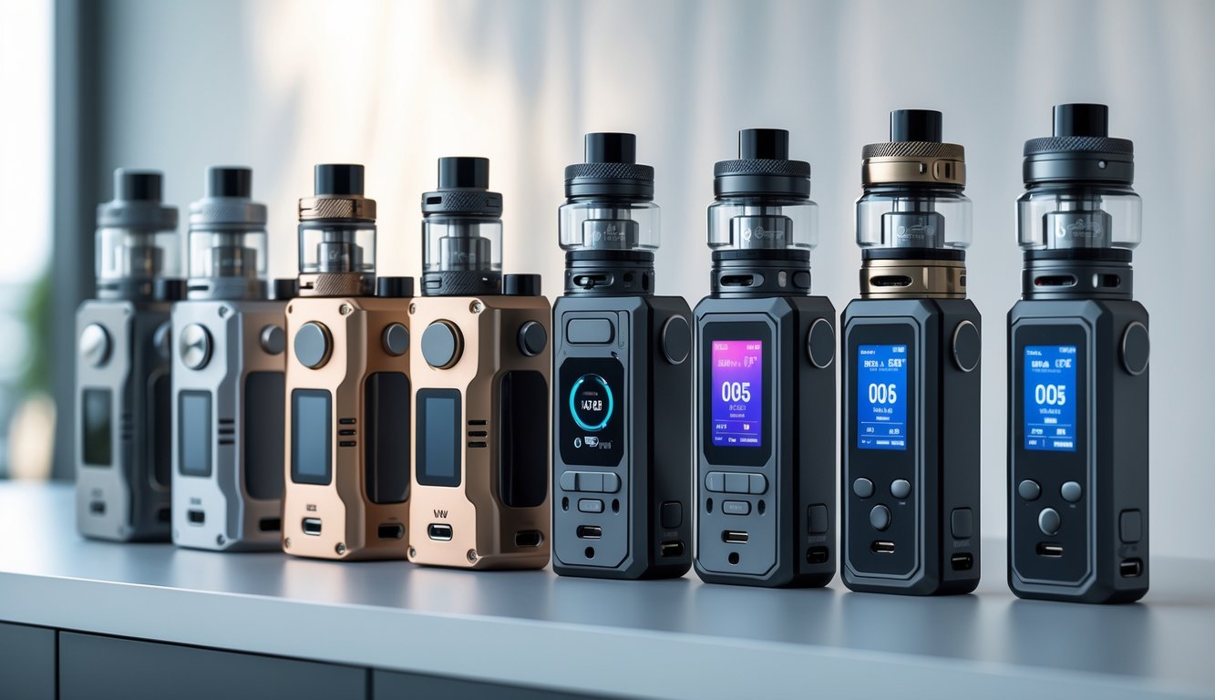 Beberapa perangkat vape mekanik dan elektrik tersusun rapi di atas permukaan bersih dengan latar belakang minimalis.