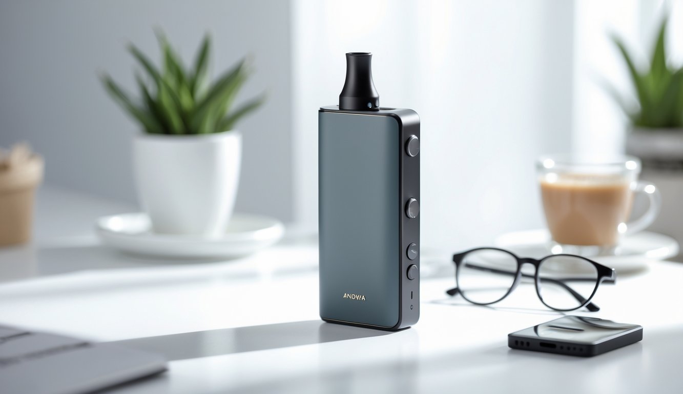 Perangkat vape all-in-one yang modern dan praktis diletakkan di atas meja putih dengan latar belakang benda sehari-hari seperti tanaman kecil, cangkir kopi, dan kacamata.