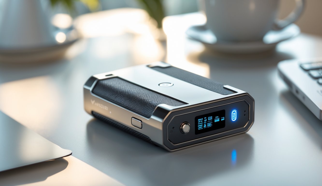 Gambar perangkat vape mod modern dengan desain ergonomis dan baterai tahan lama, diletakkan di atas permukaan bersih dengan pencahayaan alami.