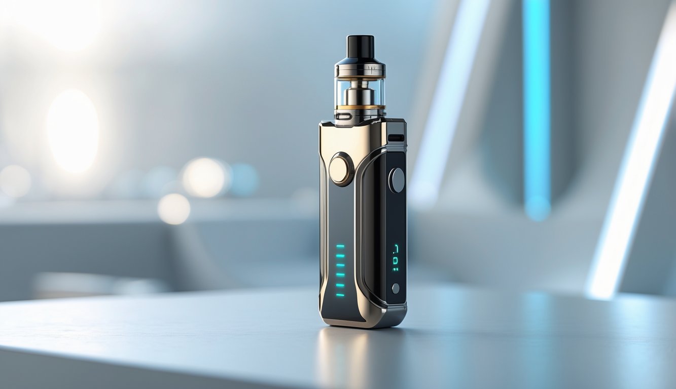 Sebuah perangkat vape portabel terbaru dengan desain modern dan teknologi canggih diletakkan di atas permukaan bersih dengan latar belakang buram berwarna biru dan perak.