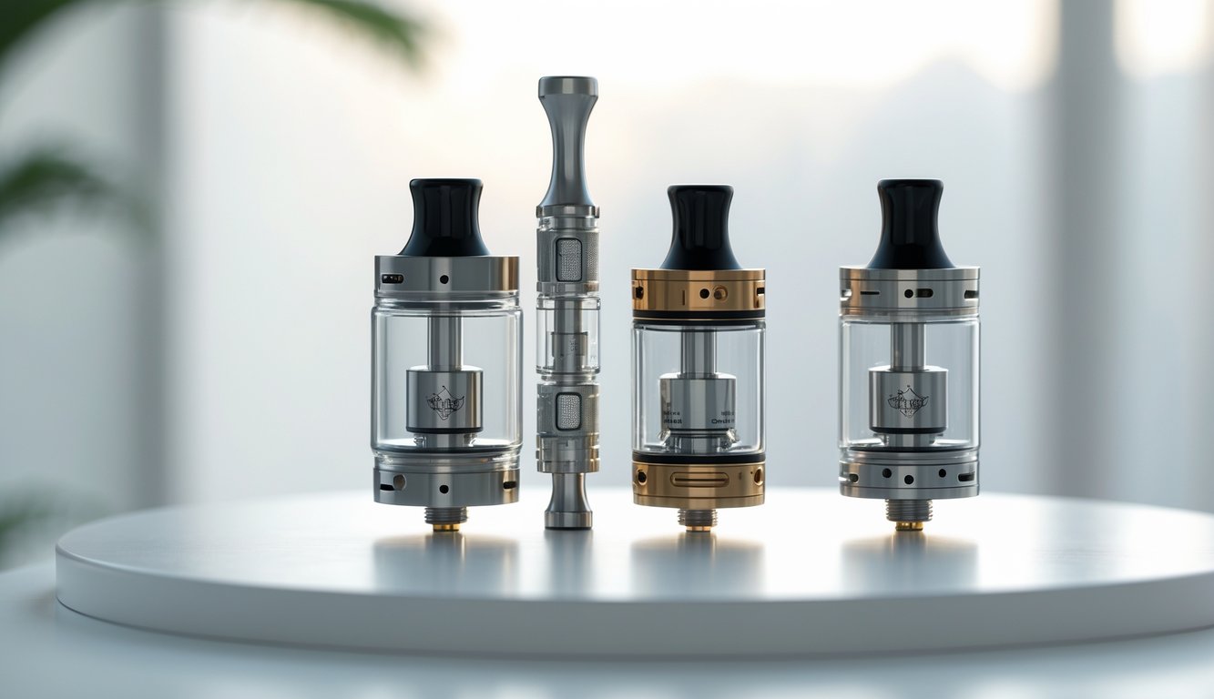 Tiga jenis perangkat vape RDA, RTA, dan RDTA yang tersusun rapi di atas permukaan putih dengan pencahayaan alami.
