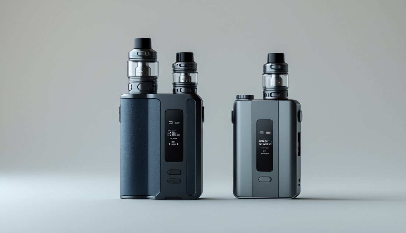 Dua perangkat vape berdampingan, satu besar dan satu kecil, menunjukkan perbedaan watt tinggi dan rendah.