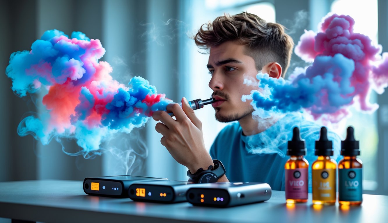 Seorang dewasa muda menghisap vape di dalam ruangan dengan uap warna-warni yang tebal dan latar belakang perangkat vape serta botol cairan rasa.