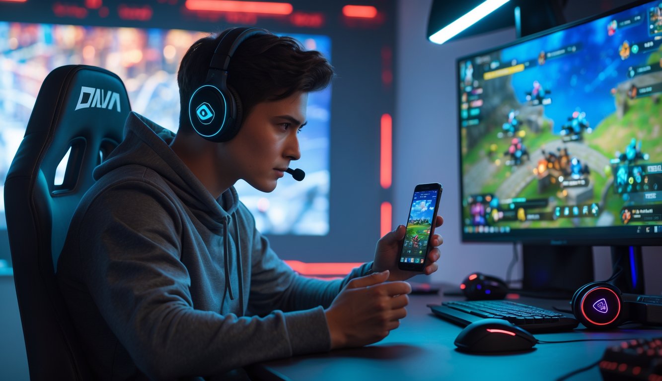 Seorang pemain muda yang fokus memainkan game mobile di smartphone dengan layar besar di belakang menampilkan peta permainan dan karakter game.