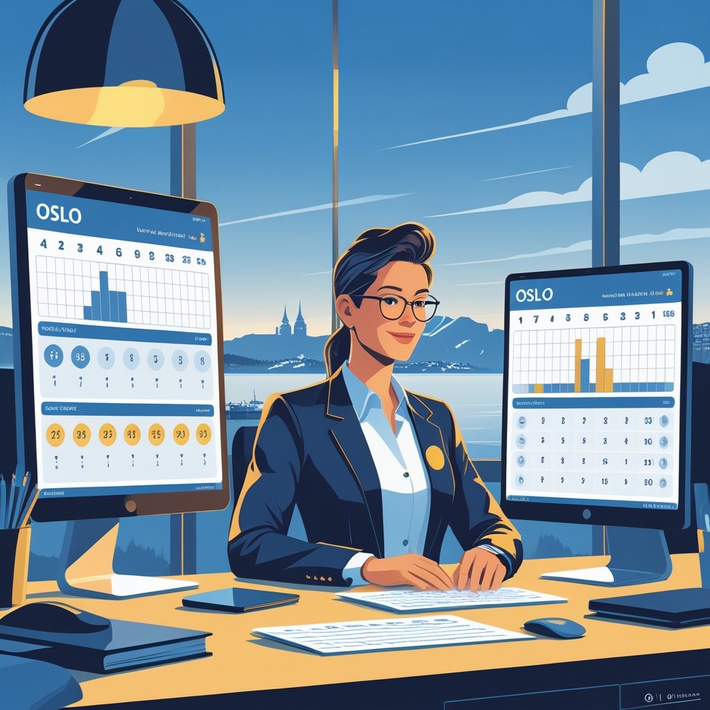 Seorang profesional di kantor modern sedang menganalisis data lotere dengan latar belakang pemandangan kota Oslo dan fjord.