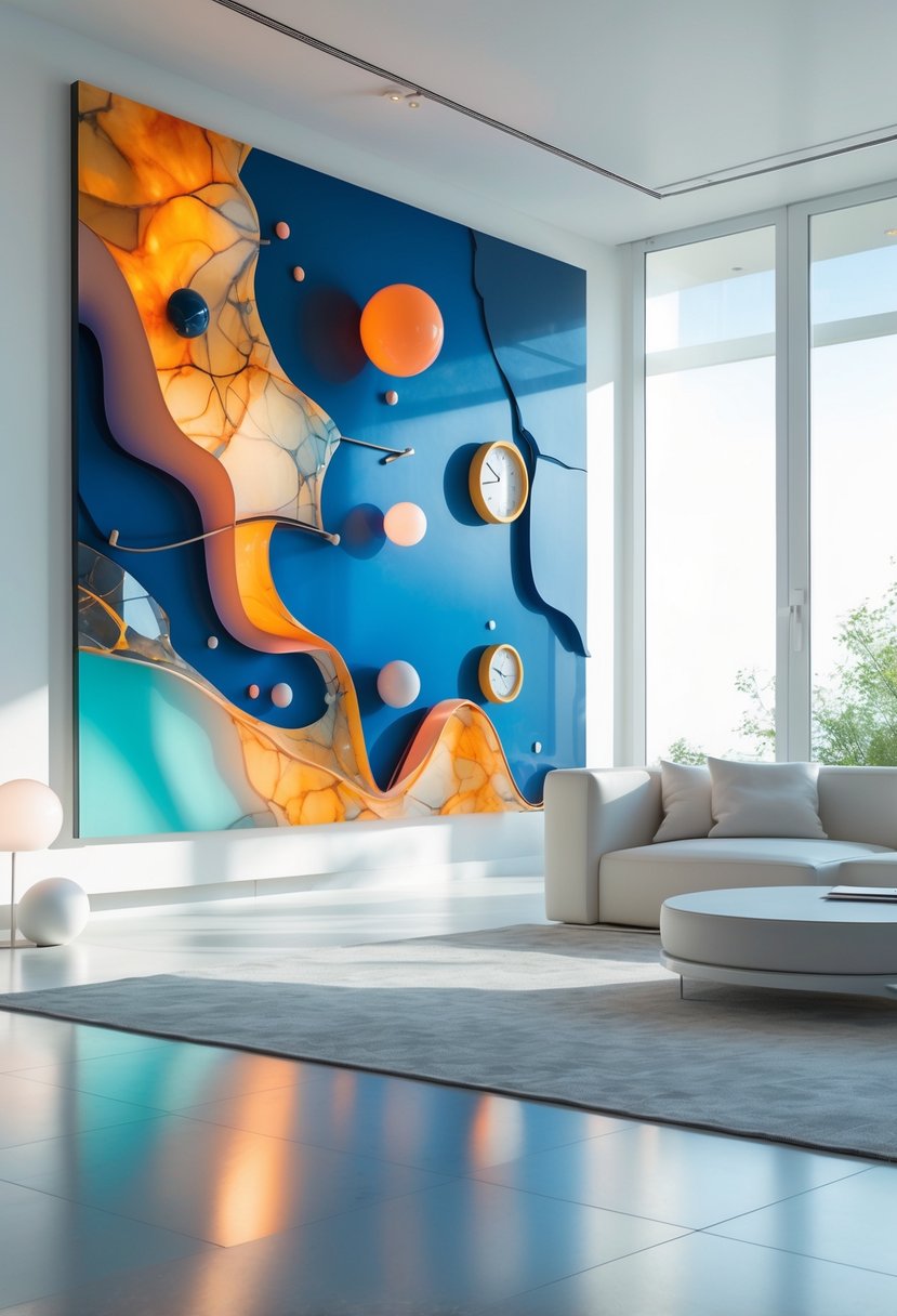 Modern Surrealism Statement Wall Art Ideas: 22 Creative Ways to Transform Your Space 2 A bright minimalist living room featuring a large abstract wall art with colorful geometric and fluid shapes, illuminated by natural light from large windows.