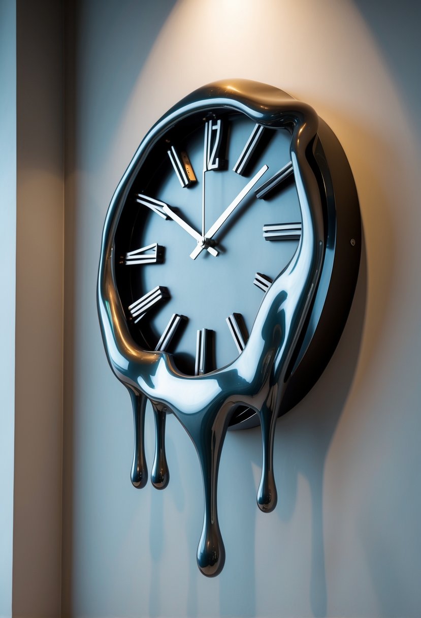 Modern Surrealism Statement Wall Art Ideas: 22 Creative Ways to Transform Your Space 3 A melting clock sculpture mounted on a plain wall, with distorted, dripping numbers and hands.