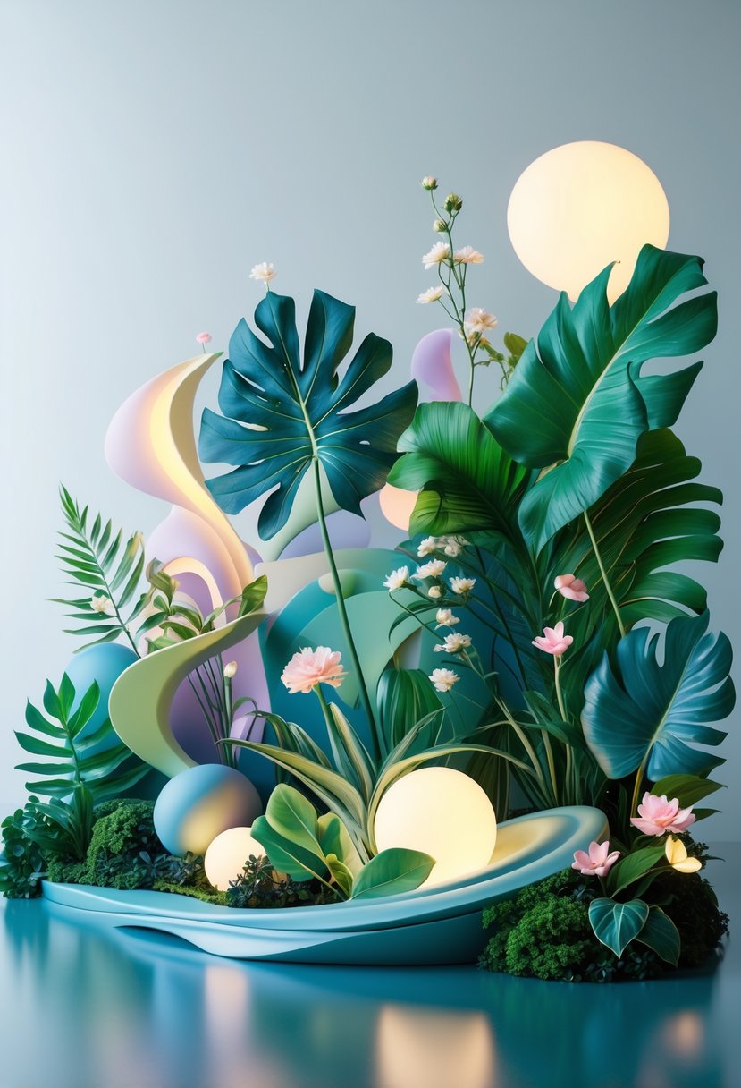 Modern Surrealism Statement Wall Art Ideas: 22 Creative Ways to Transform Your Space 4 A vibrant arrangement of large tropical leaves and flowers combined with abstract flowing shapes on a soft background.