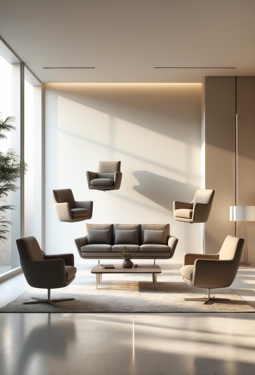 Modern Surrealism Statement Wall Art Ideas: 22 Creative Ways to Transform Your Space 6 A modern living room with floating sofa, chairs, and coffee table arranged in mid-air against a minimalist wall.