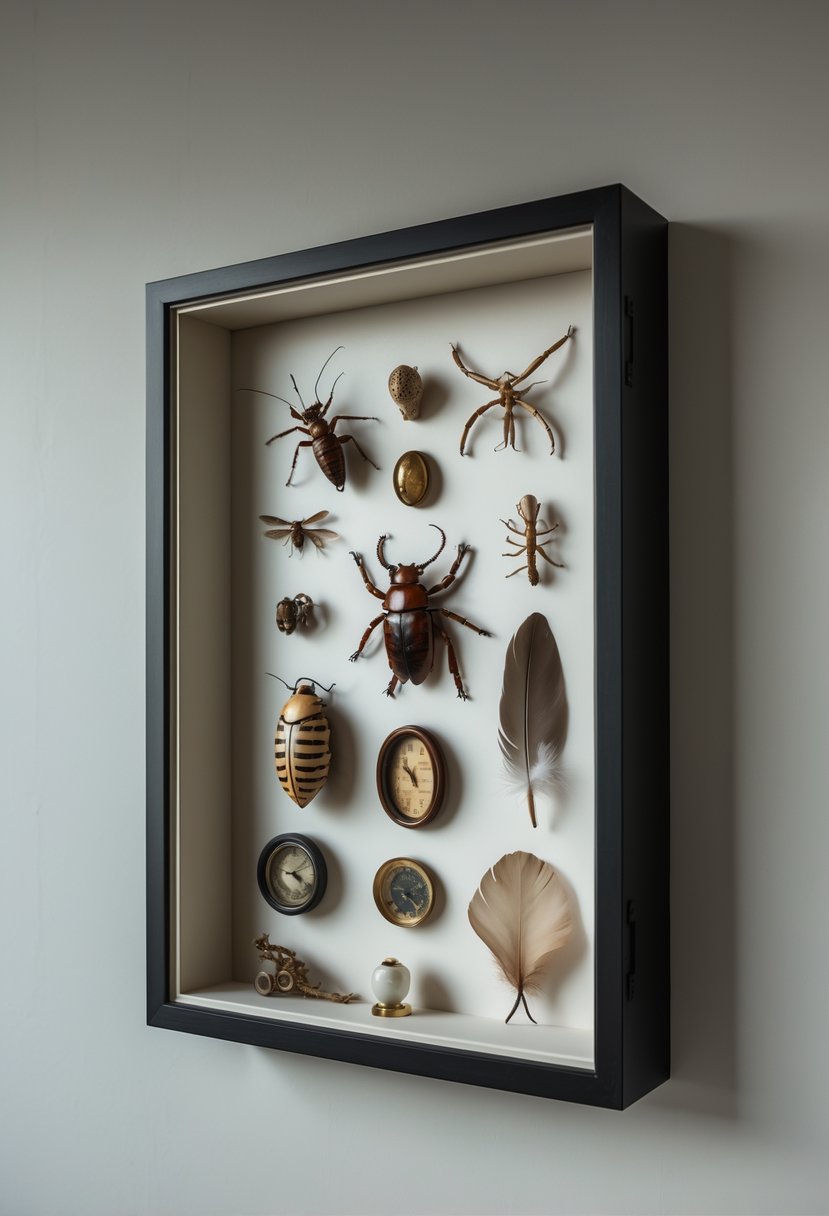 Modern Surrealism Statement Wall Art Ideas: 22 Creative Ways to Transform Your Space 7 A shadow box mounted on a wall containing a collection of unusual natural objects and antique trinkets arranged artfully.