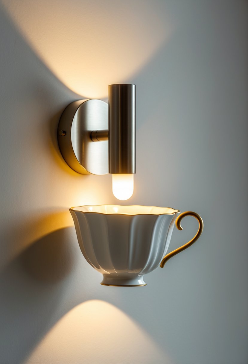 Modern Surrealism Statement Wall Art Ideas: 22 Creative Ways to Transform Your Space 8 A teacup-shaped wall sconce with a glowing light mounted on a plain wall.