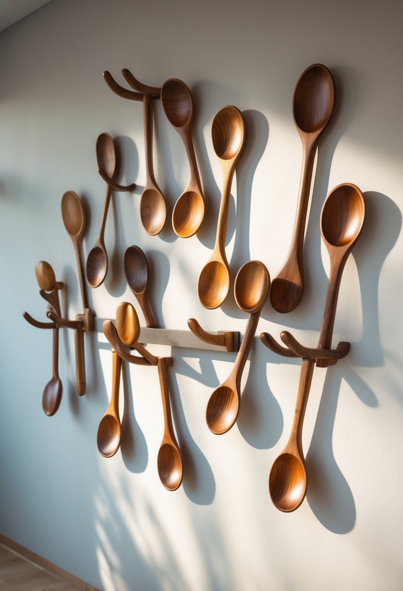 Modern Surrealism Statement Wall Art Ideas: 22 Creative Ways to Transform Your Space 9 A wall with wooden spoon coat hooks arranged artistically as decorative and functional pieces in a modern room.