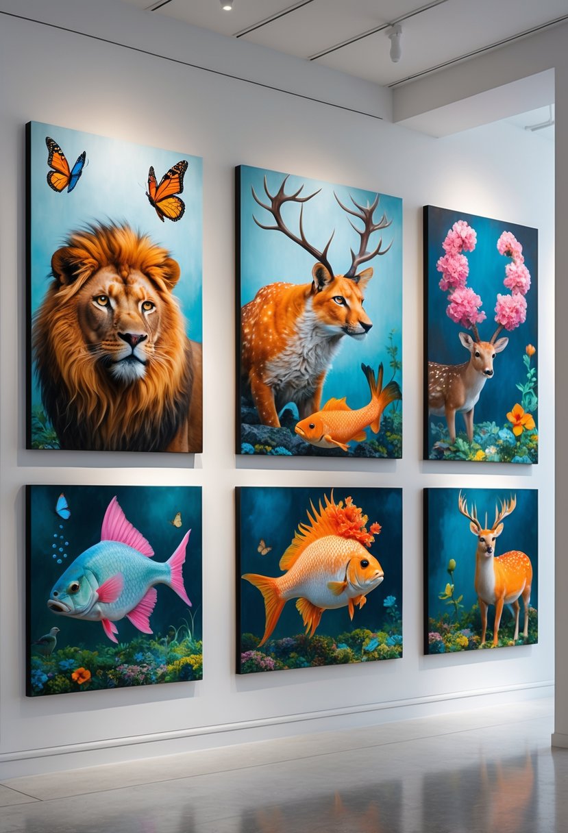 Modern Surrealism Statement Wall Art Ideas: 22 Creative Ways to Transform Your Space 10 A gallery wall displaying colorful paintings of imaginative animals that combine features from different species.