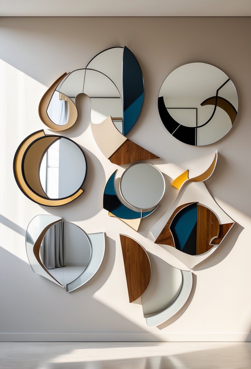 Modern Surrealism Statement Wall Art Ideas: 22 Creative Ways to Transform Your Space 12 A wall displaying various uniquely shaped mirrors with different frame materials and designs, arranged as decorative wall art.
