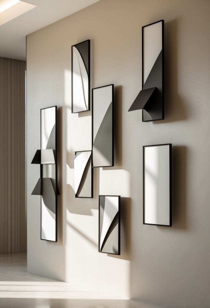 Modern Surrealism Statement Wall Art Ideas: 22 Creative Ways to Transform Your Space 13 A modern living room wall with abstract art pieces that appear to float slightly off the surface.