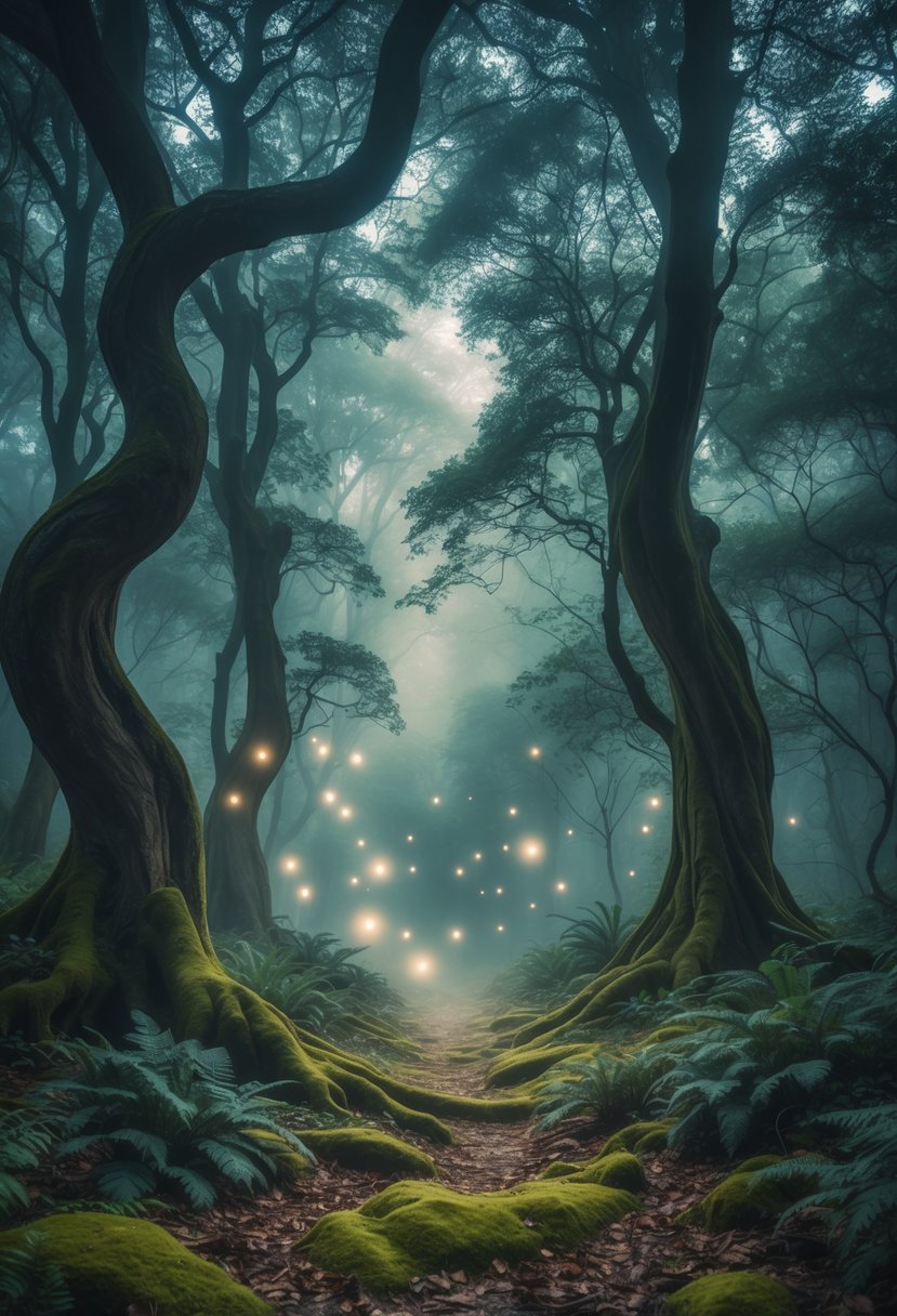 Modern Surrealism Statement Wall Art Ideas: 22 Creative Ways to Transform Your Space 14 A serene forest with tall trees, mist on the ground, and glowing orbs floating among the branches.