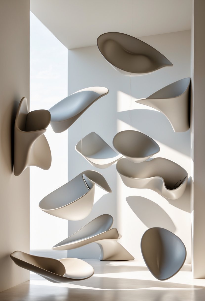 Modern Surrealism Statement Wall Art Ideas: 22 Creative Ways to Transform Your Space 15 A modern interior wall displaying several abstract sculptures that appear to float in mid-air, arranged as art installations.
