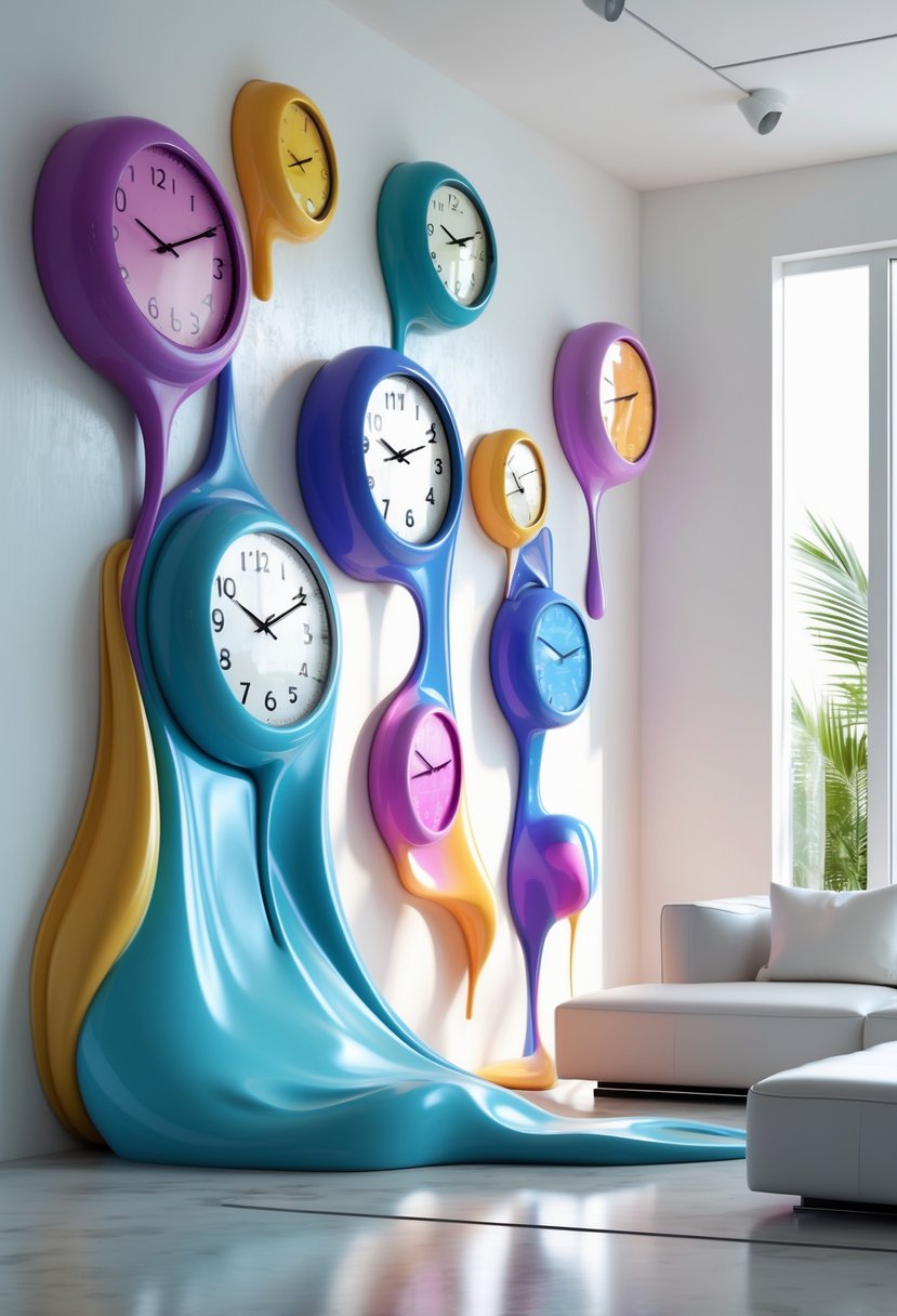 Modern Surrealism Statement Wall Art Ideas: 22 Creative Ways to Transform Your Space 16 A modern living room with abstract melting clocks displayed as wall art and on furniture, creating a surreal and artistic atmosphere.