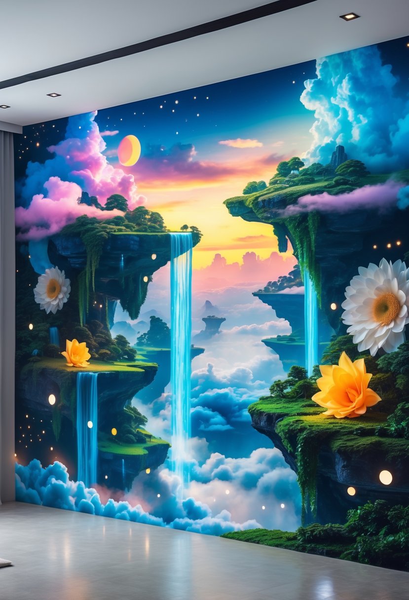 Modern Surrealism Statement Wall Art Ideas: 22 Creative Ways to Transform Your Space 18 A large colorful mural on a modern interior wall showing floating islands, waterfalls, clouds, and oversized flowers in a vibrant landscape.