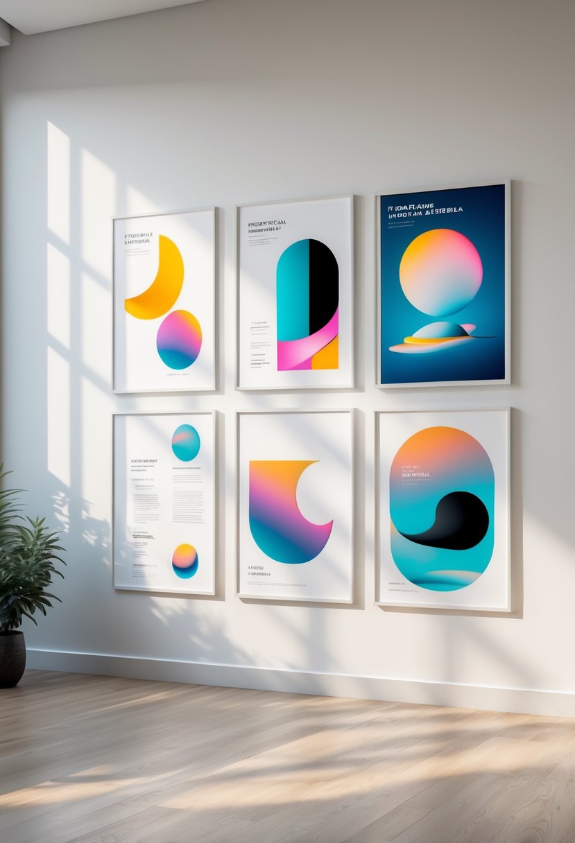 Modern Surrealism Statement Wall Art Ideas: 22 Creative Ways to Transform Your Space 19 A gallery wall displaying colorful abstract posters with geometric and dreamlike shapes arranged neatly in a bright, minimalist room.