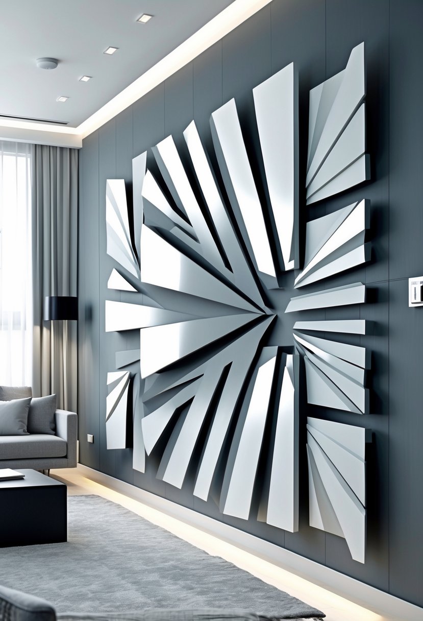 Modern Surrealism Statement Wall Art Ideas: 22 Creative Ways to Transform Your Space 20 A modern interior wall decorated with geometric panels creating optical illusions, in a minimalist room with neutral tones and simple furniture.