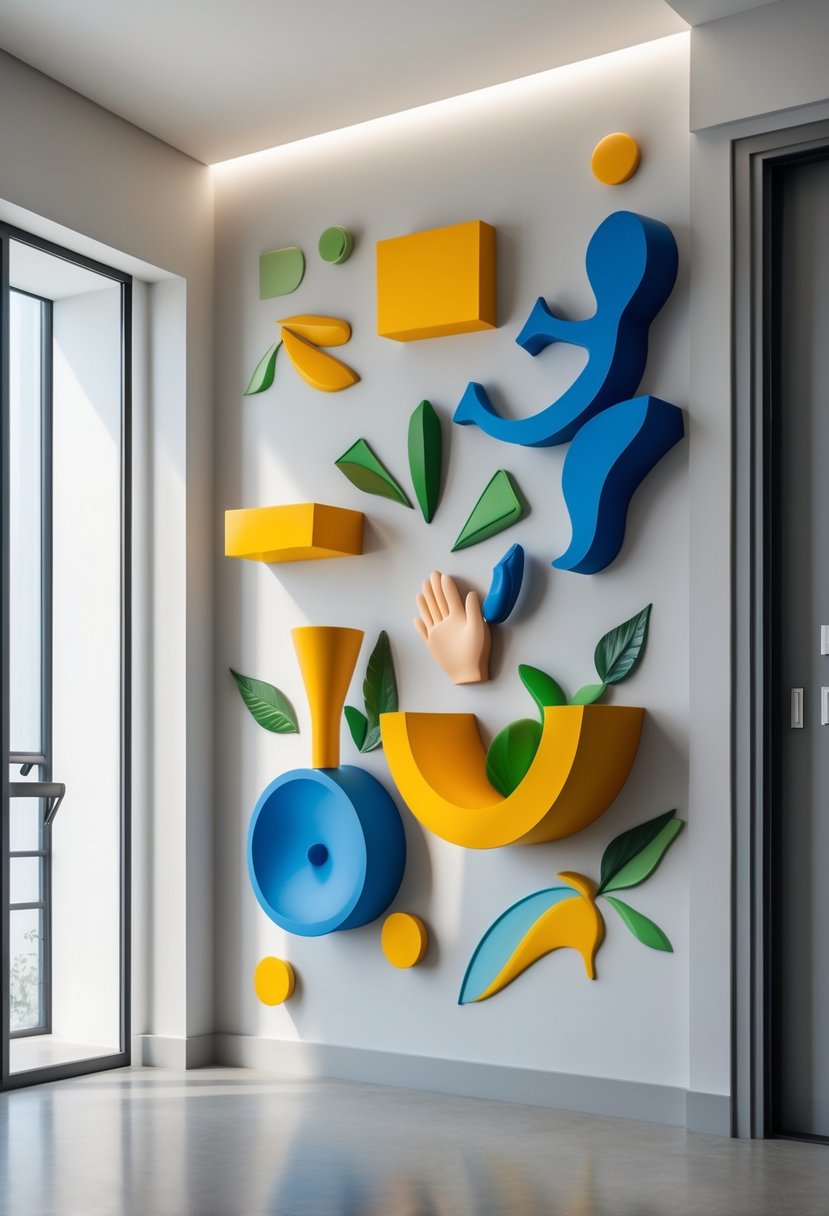 Modern Surrealism Statement Wall Art Ideas: 22 Creative Ways to Transform Your Space 21 A modern interior wall decorated with colorful 3D abstract shapes and figures that appear to float off the surface.