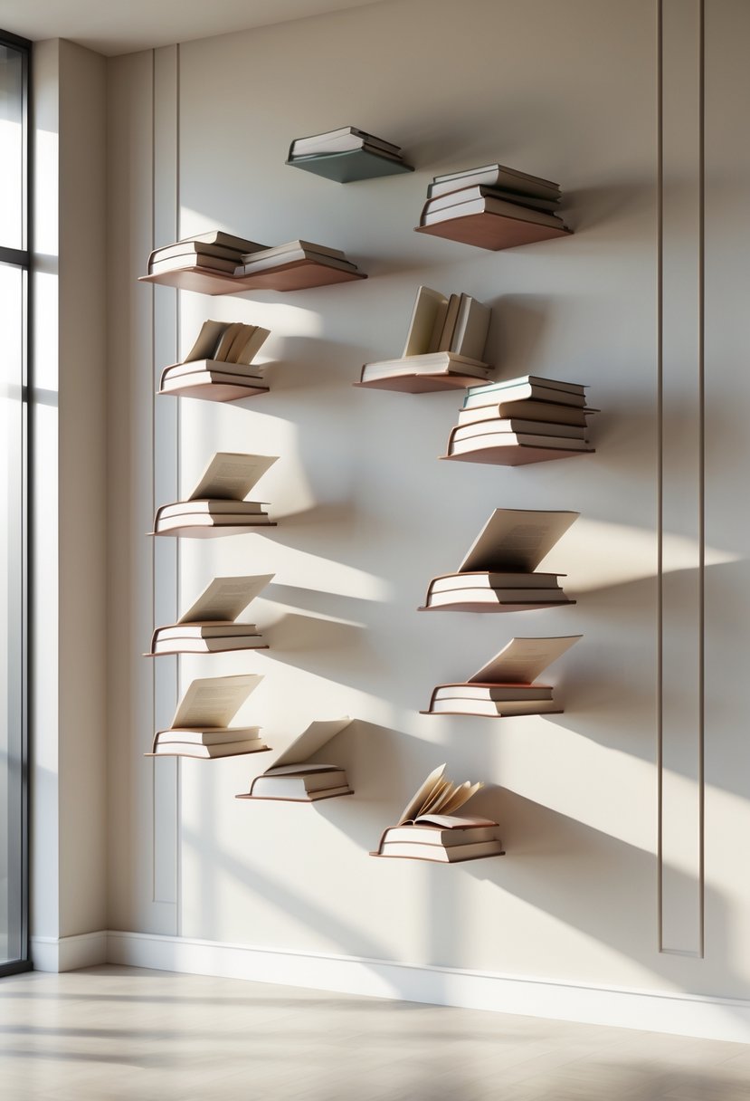 Modern Surrealism Statement Wall Art Ideas: 22 Creative Ways to Transform Your Space 22 A clean wall decorated with books floating in mid-air arranged as wall art.