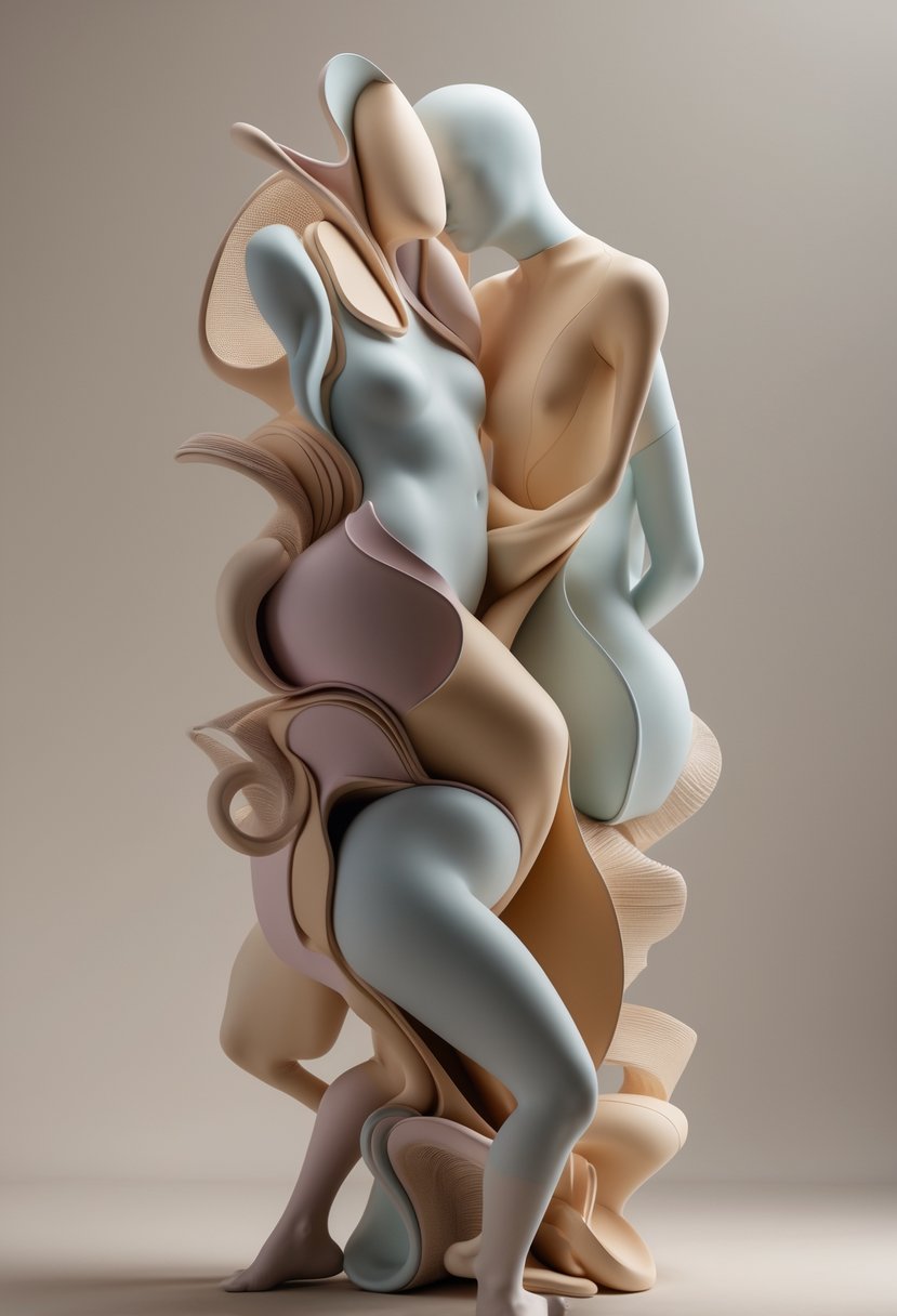 Modern Surrealism Statement Wall Art Ideas: 22 Creative Ways to Transform Your Space 23 Abstract composition of intertwined human shapes blending with fluid and geometric forms against a simple background.