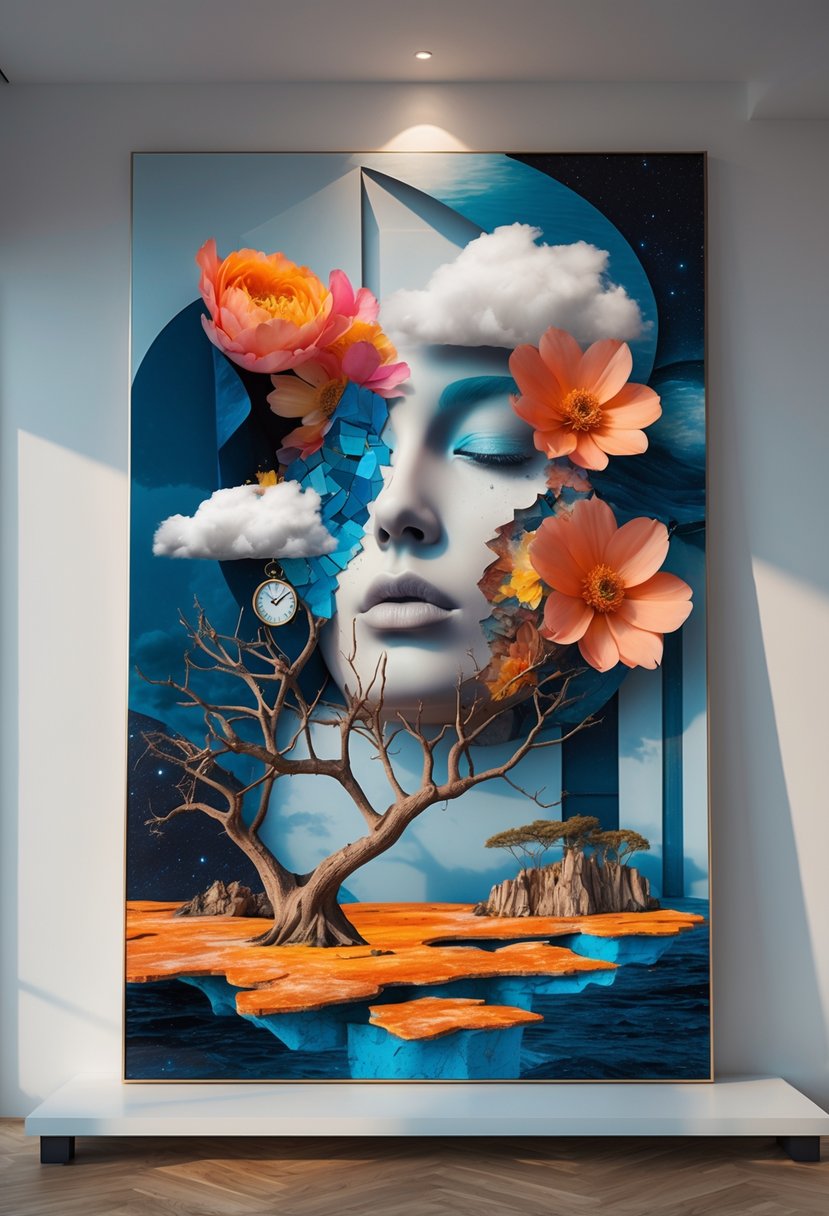 Modern Surrealism Statement Wall Art Ideas: 22 Creative Ways to Transform Your Space 24 A colorful collage artwork combining abstract shapes, human faces, flowers, clouds, and melting clocks displayed on a white wall in a modern room.