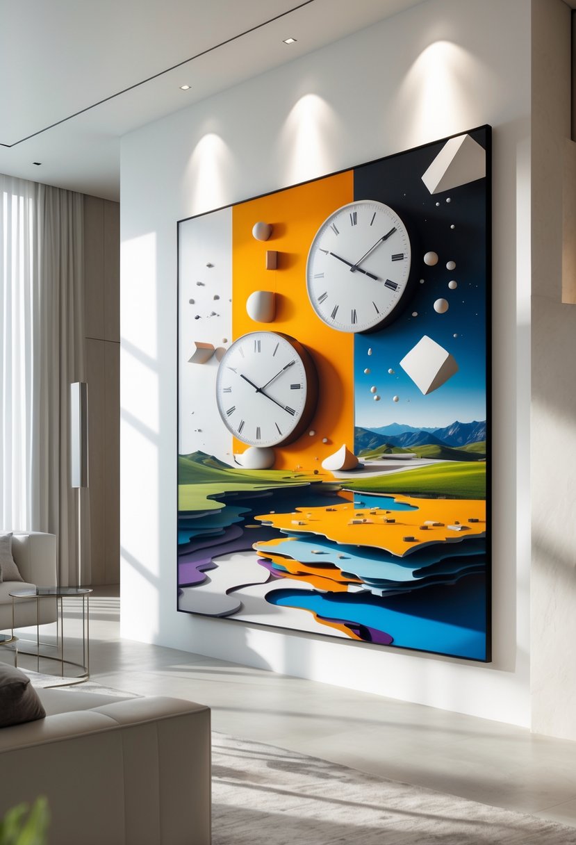 Modern Surrealism Statement Wall Art Ideas: 22 Creative Ways to Transform Your Space 25 A contemporary living room with a large abstract painting featuring floating shapes and distorted natural forms on a white wall.