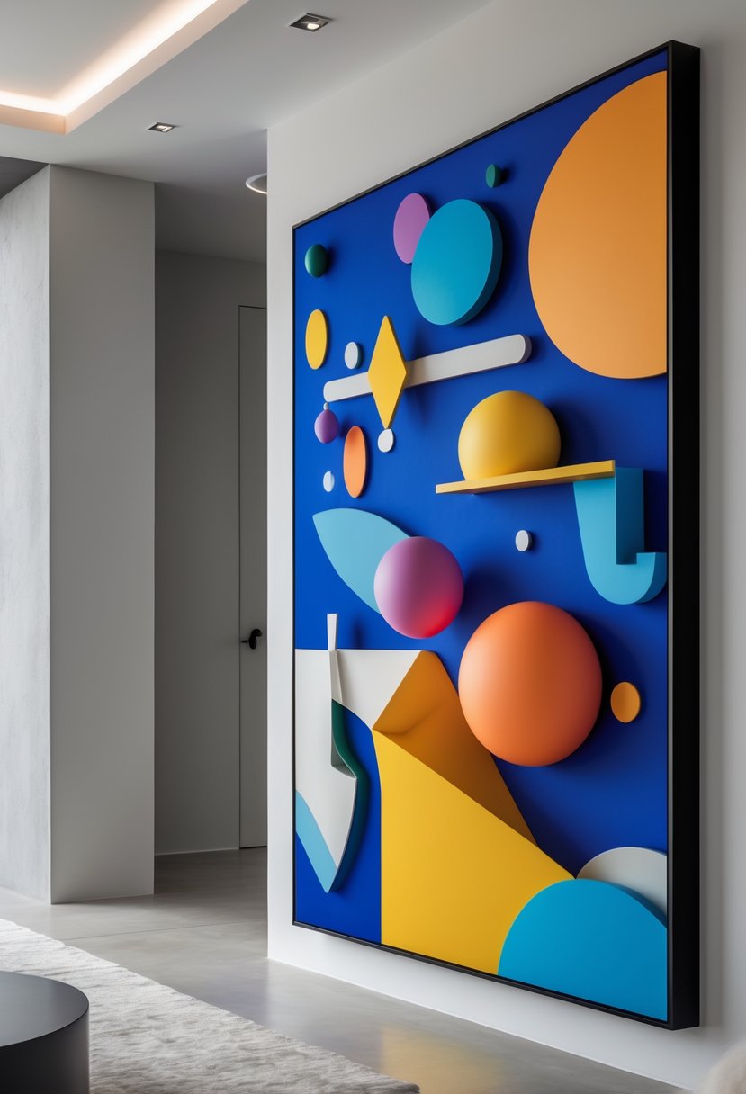Modern Surrealism Statement Wall Art Ideas: 22 Creative Ways to Transform Your Space 26 A colorful abstract wall art piece with floating geometric shapes and bold contrasting colors displayed in a clean modern interior.