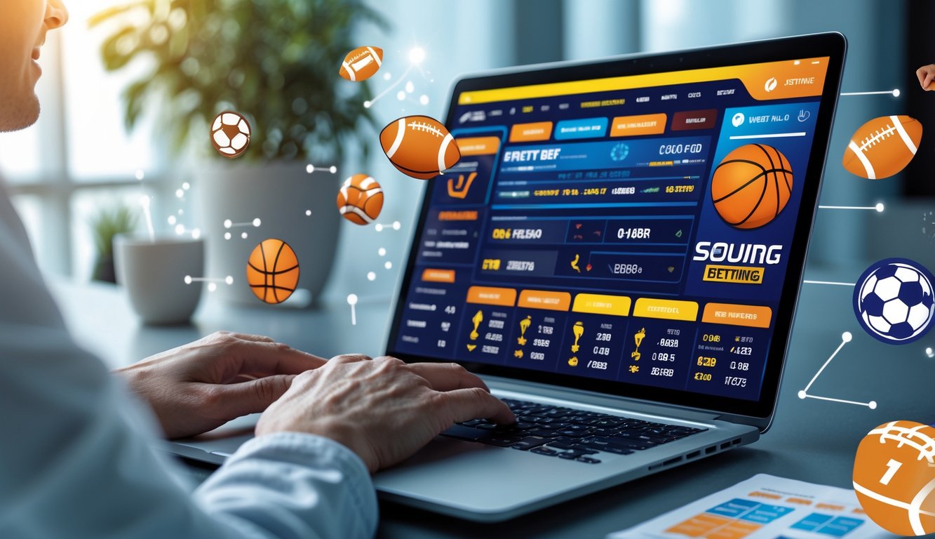 Seseorang menggunakan laptop di meja dengan tampilan antarmuka taruhan olahraga online yang penuh warna dan berbagai simbol olahraga di sekitar.