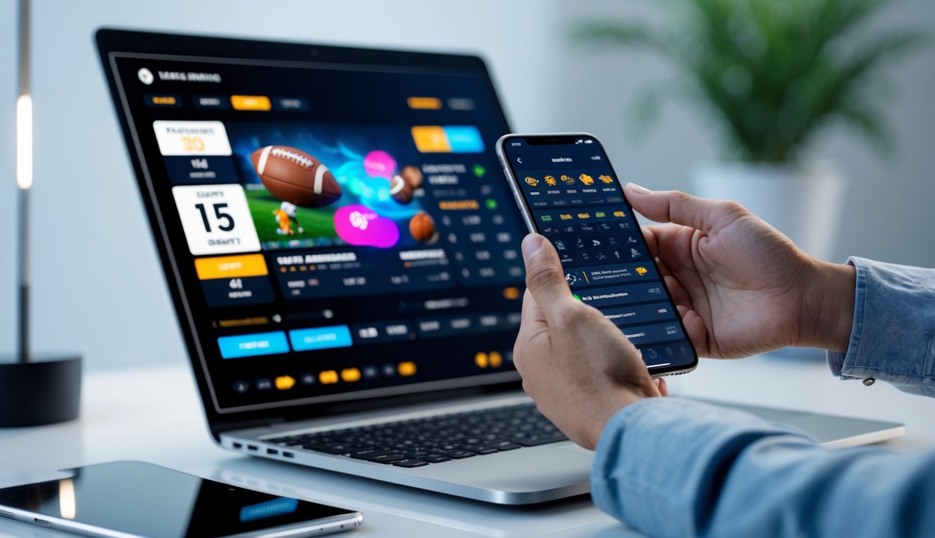 Seseorang menggunakan laptop dan ponsel dengan tampilan platform taruhan olahraga digital di meja yang bersih.
