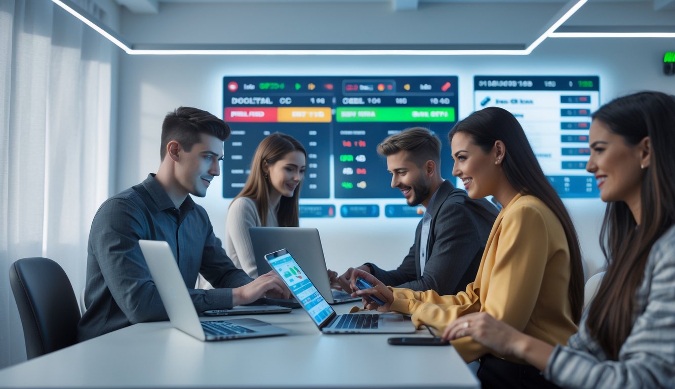 Sekelompok orang muda menggunakan laptop dan ponsel di ruangan modern untuk memasang taruhan online.