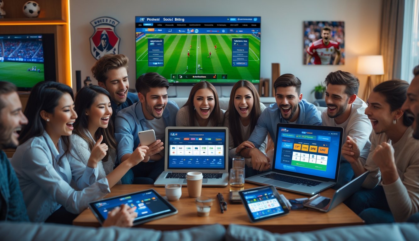 Sekelompok orang muda sedang asyik menggunakan perangkat digital untuk bertaruh olahraga secara online di ruang tamu yang nyaman.
