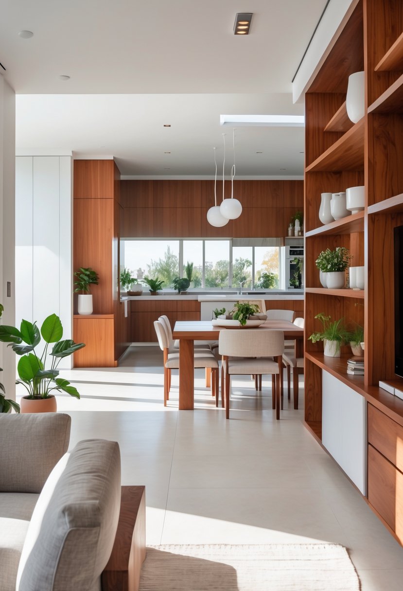 Cherry Coded Accents for Open-Plan Houses: 21 Stylish Ideas to Transform Your Space 2 Open-plan house interior with cherry wood accents on furniture and cabinetry, featuring a living area, dining space, and kitchen illuminated by natural light.