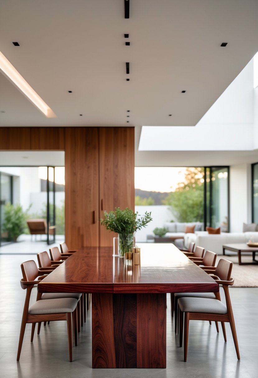 Cherry Coded Accents for Open-Plan Houses: 21 Stylish Ideas to Transform Your Space 3 Open-plan living space with a deep cherry wood dining table and matching chairs, surrounded by bright windows and minimal decor.