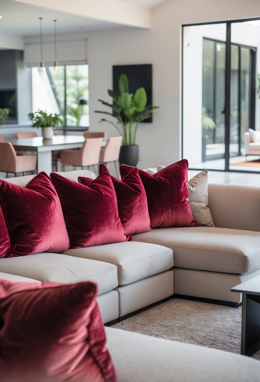 Cherry Coded Accents for Open-Plan Houses: 21 Stylish Ideas to Transform Your Space 4 A sectional sofa in an open-plan living room with cherry-colored velvet throw pillows and natural light coming through large windows.