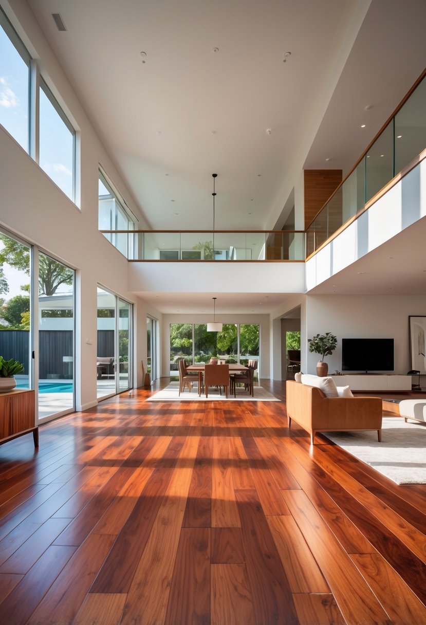 Cherry Coded Accents for Open-Plan Houses: 21 Stylish Ideas to Transform Your Space 5 Open-plan living area with warm cherry-stained hardwood flooring and modern furniture under natural light.