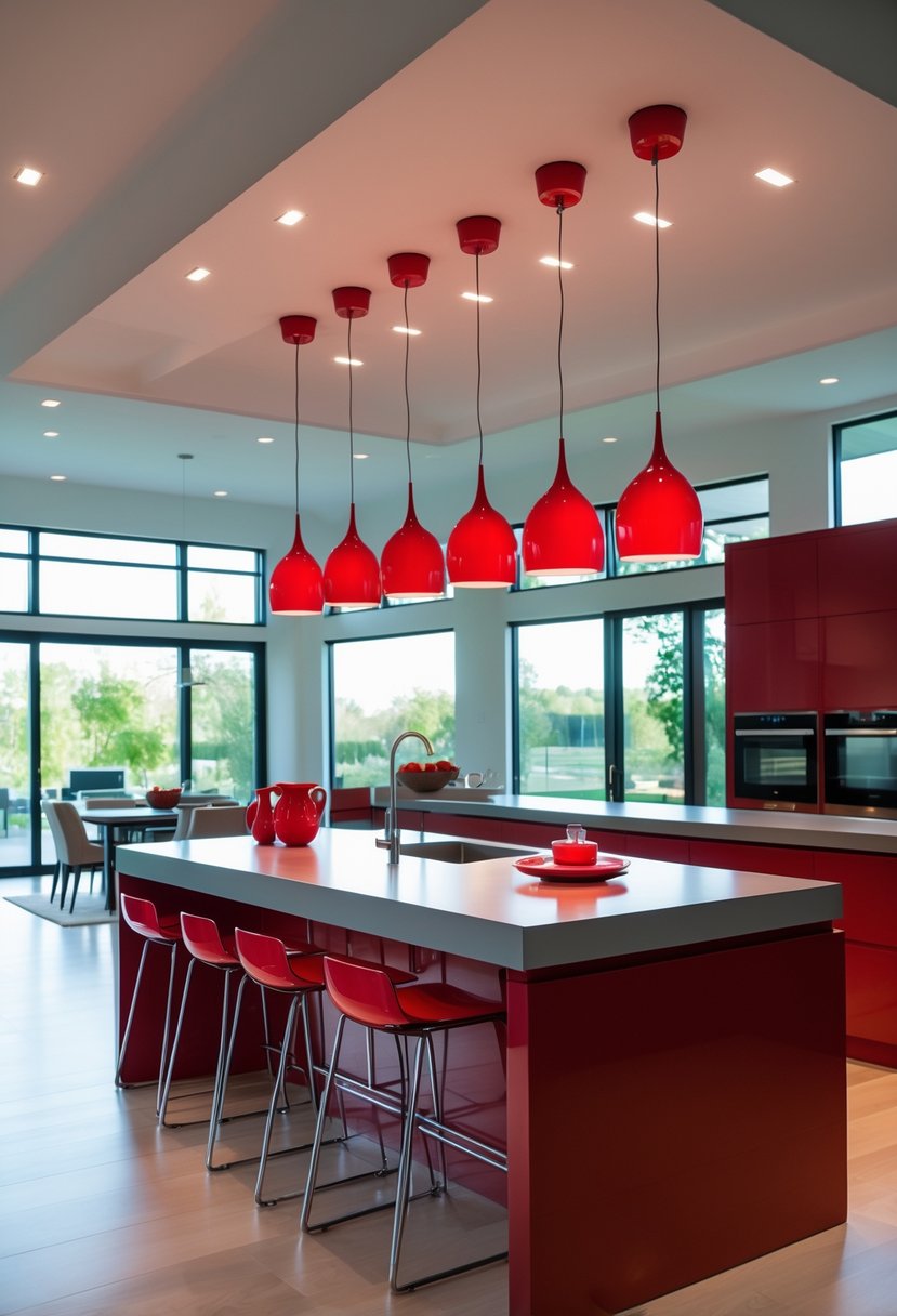 Cherry Coded Accents for Open-Plan Houses: 21 Stylish Ideas to Transform Your Space 6 Open-plan kitchen with a large island lit by cherry red pendant lights and cherry red accents throughout the space.