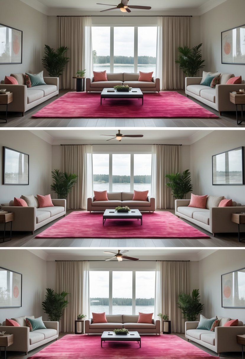 Cherry Coded Accents for Open-Plan Houses: 21 Stylish Ideas to Transform Your Space 7 An open-plan living space with multiple seating areas defined by cherry-colored area rugs, featuring sofas, armchairs, and coffee tables.