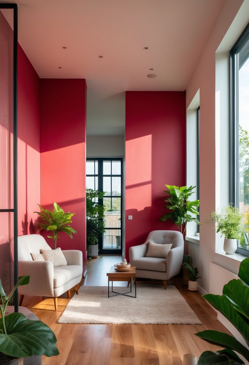 Cherry Coded Accents for Open-Plan Houses: 21 Stylish Ideas to Transform Your Space 8 An open-plan living area with cherry-colored accent walls creating cozy seating corners, furnished with armchairs, a coffee table, and indoor plants.