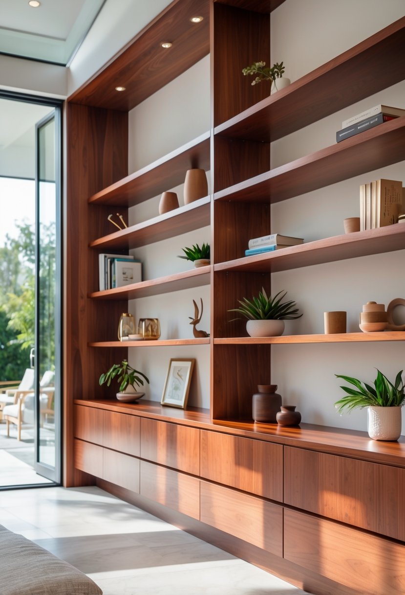 Cherry Coded Accents for Open-Plan Houses: 21 Stylish Ideas to Transform Your Space 9 Open shelving units made of cherry wood displaying books, plants, and decorative items in a bright open-plan living space.