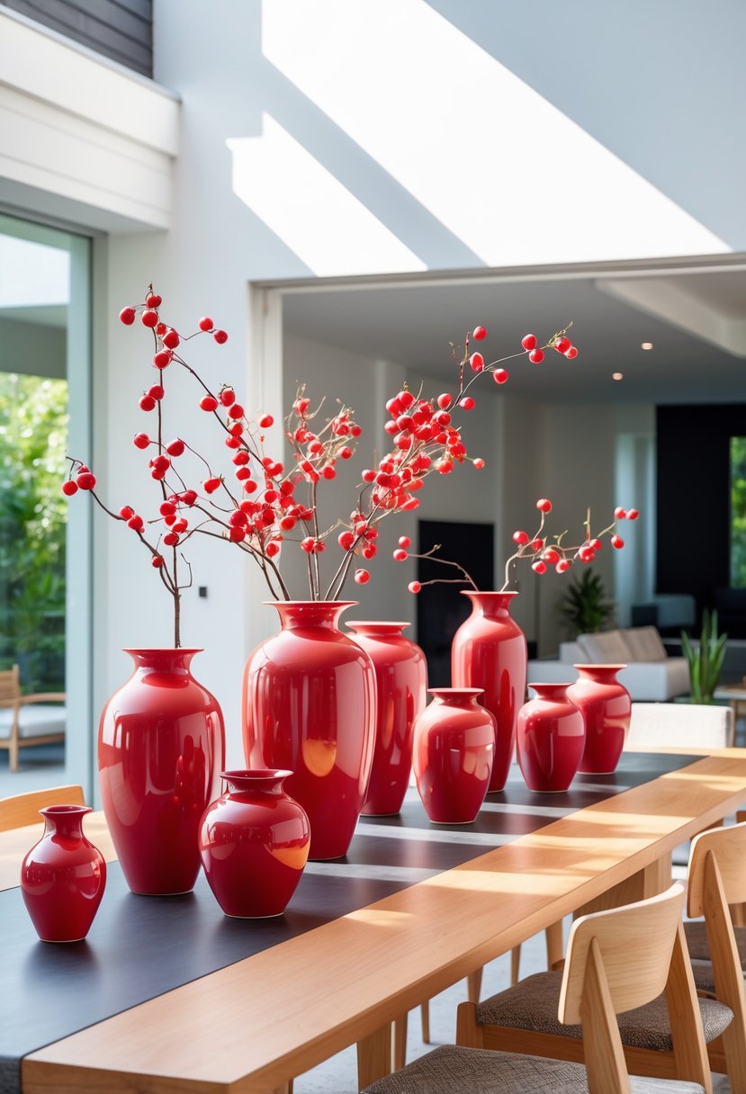 Cherry Coded Accents for Open-Plan Houses: 21 Stylish Ideas to Transform Your Space 10 Cherry-colored ceramic vases arranged on a dining table in an open-plan house with natural light and modern furniture.