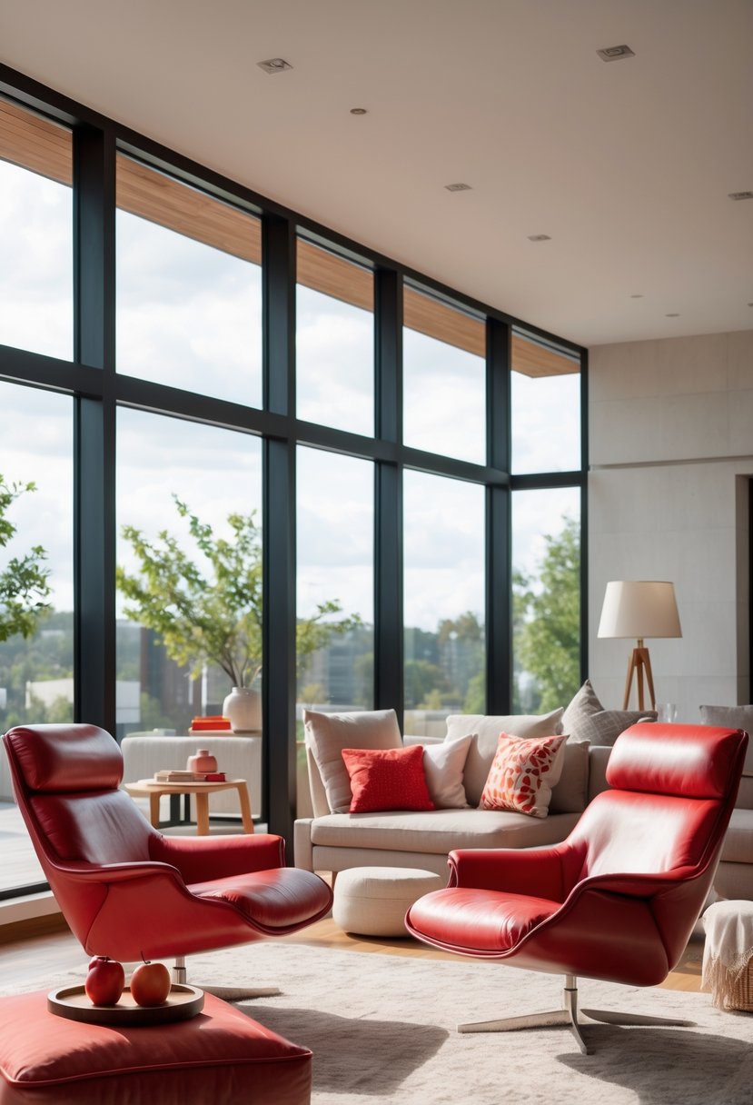 Cherry Coded Accents for Open-Plan Houses: 21 Stylish Ideas to Transform Your Space 11 A cozy reading nook with cherry-red leather lounge chairs in an open-plan living space with natural light.