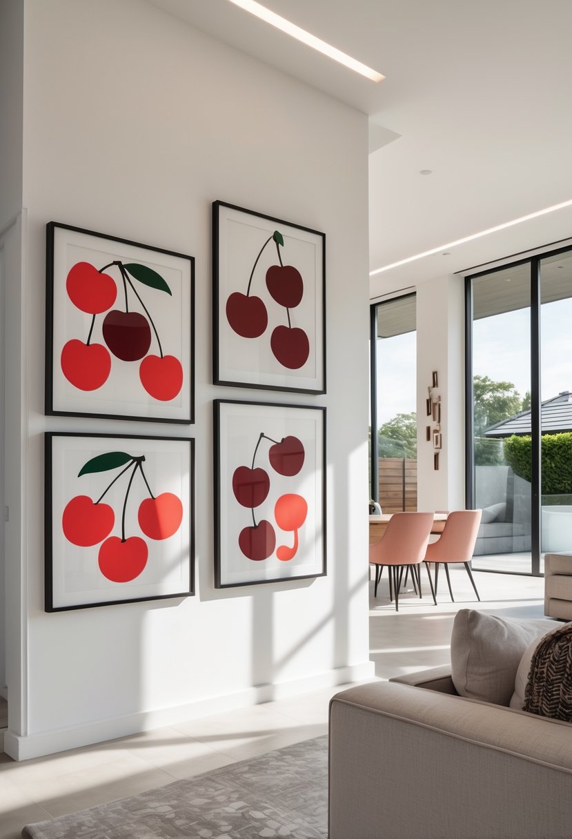 Cherry Coded Accents for Open-Plan Houses: 21 Stylish Ideas to Transform Your Space 12 Open-plan living area with cherry-themed framed art prints on a white wall and modern furniture.