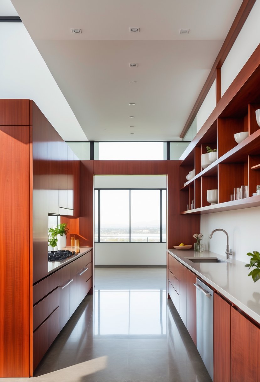 Cherry Coded Accents for Open-Plan Houses: 21 Stylish Ideas to Transform Your Space 13 An open-plan kitchen with cherry stained wooden cabinets and matching accents, featuring stainless steel appliances and natural light.