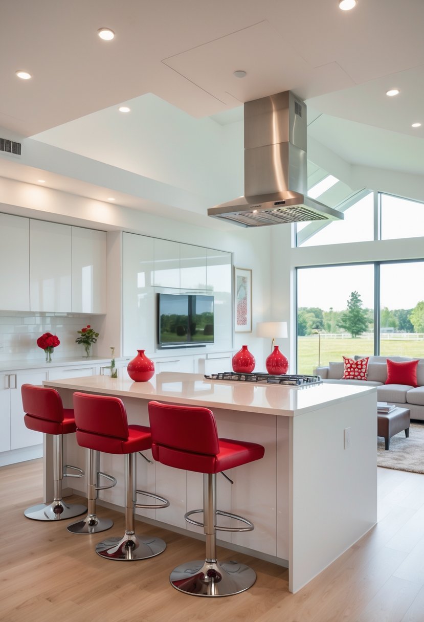 Cherry Coded Accents for Open-Plan Houses: 21 Stylish Ideas to Transform Your Space 14 Open-plan kitchen and living area with cherry red bar stools lined up at a breakfast counter and cherry-colored accents throughout the space.